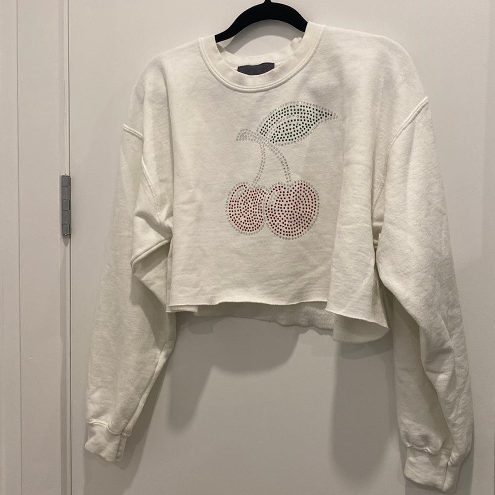 Carmar LF cherry rhinestone white cropped pullover sweatshirt coquette cherries